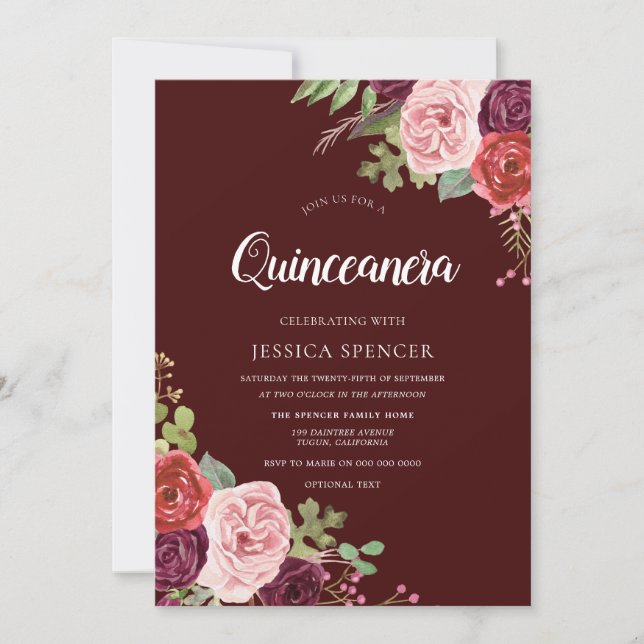 Convites Belo Burgundy Flowers Quinceanera Invite (Frente)