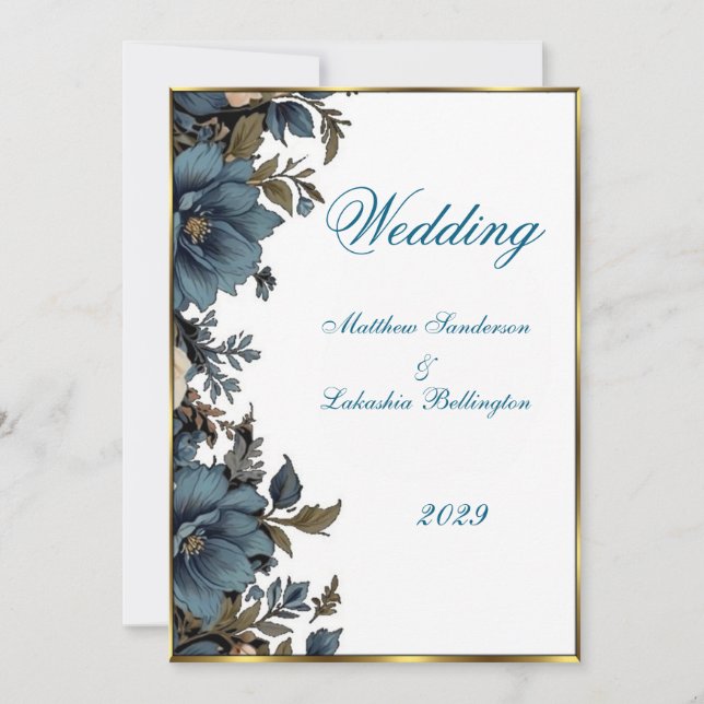 Convites Belo Casamento Azul-Flor Branco (Frente)