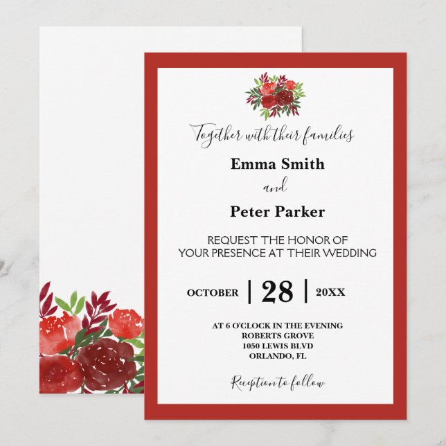 Convites Belo Casamento de Buquê Floral Burgundy (Frente/Verso)