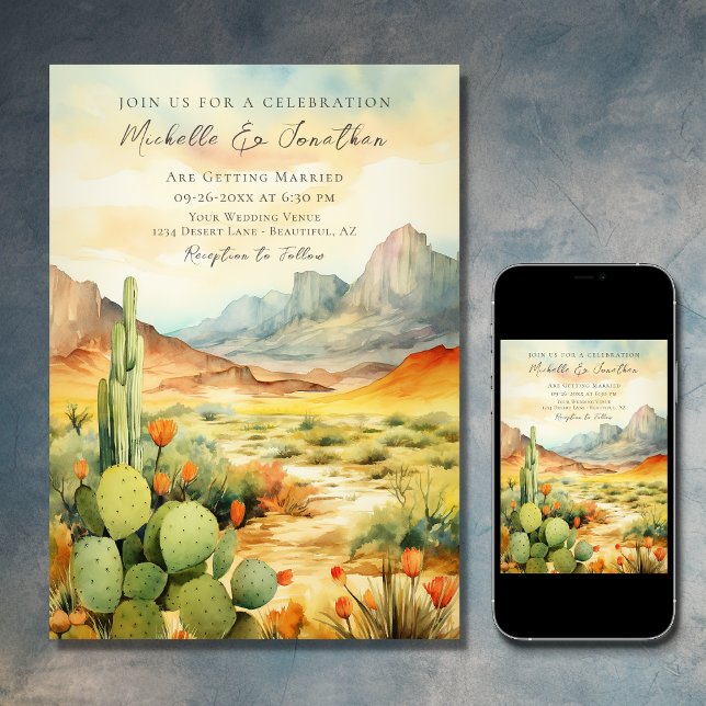 Convites Belo Casamento de Cactus Desert Watercolor (Printed and Digital - Beautiful Watercolor Desert Cactus Southwestern Invitation)