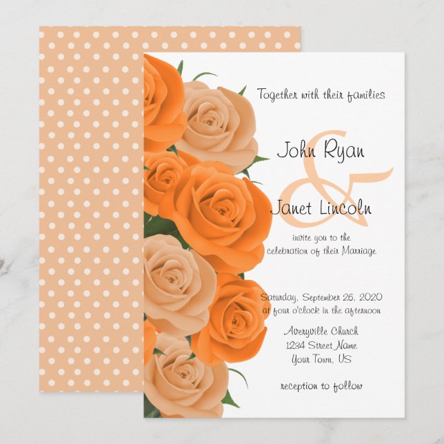 Convites Belo Casamento de Flor Rosa Laranja Floral Laranja (Frente/Verso)