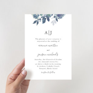 Convites Belo Casamento de Monograma Floral de Cor Azul