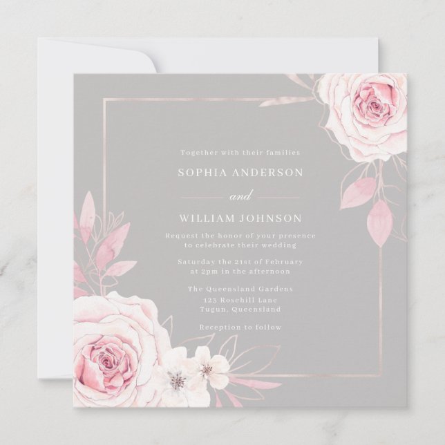 Convites Belo Casamento de Quadros Modernos Rosas Blush (Frente)