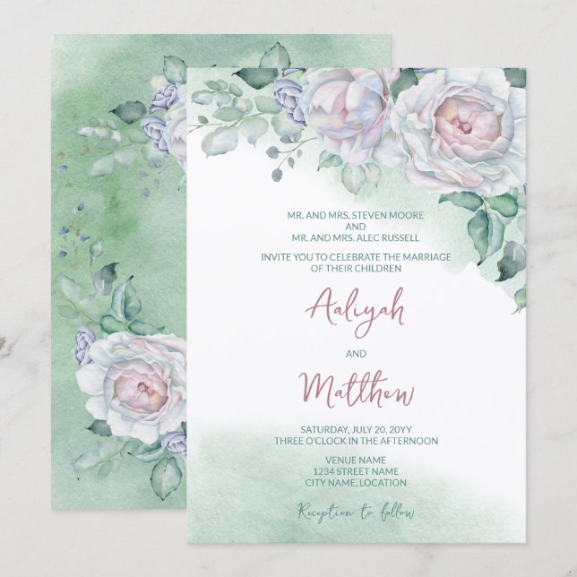 Convites Belo Casamento de Rosa em Aquarela Delicada (Frente/Verso)