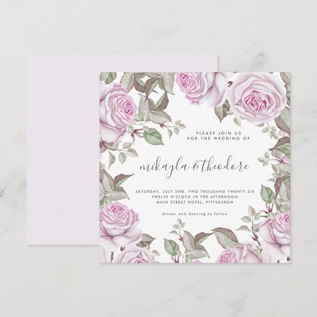 Convites Belo Casamento de Rosas de Aquarela Suave (Frente/Verso)