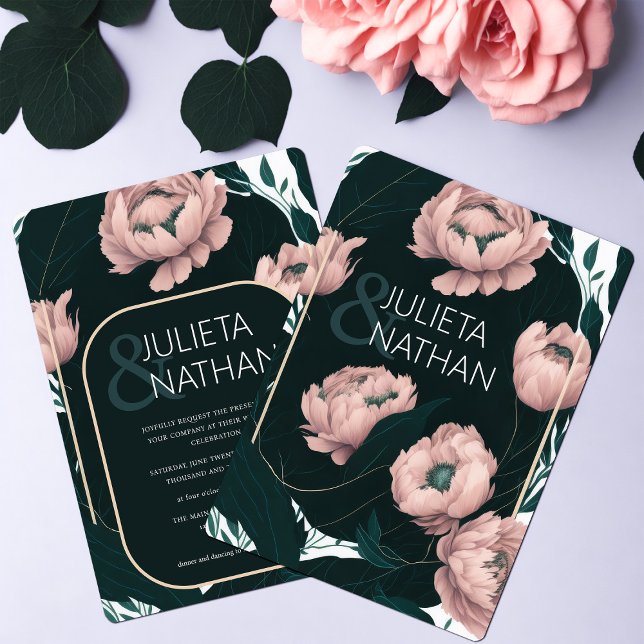 Convites Belo Casamento Floral de Emerald Peony Rosa Rosa (Criador carregado)