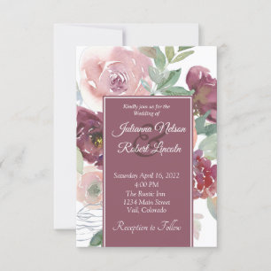 Convites Belo Casamento Floral em Aquarela Rosa e Malva