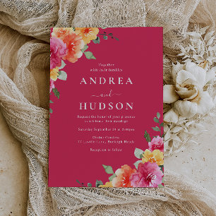 Convites Belo Casamento Floral em Aquarela Rosa Vibrante