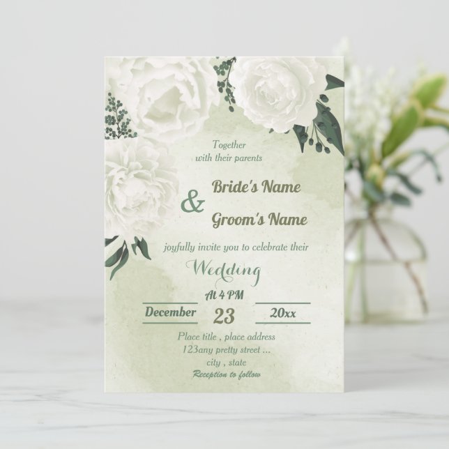 Convites belo casamento floral verde branco (Em pé/Frente)