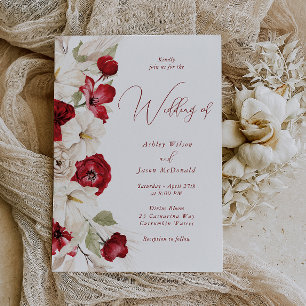 Convites Belo Casamento Floral Vermelho e Branco com Script