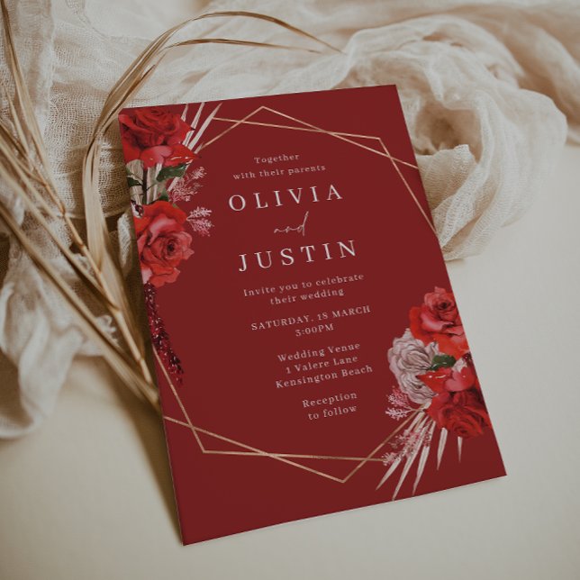 Convites Belo Casamento Geométrico de Rosas vermelhas (Criador carregado)