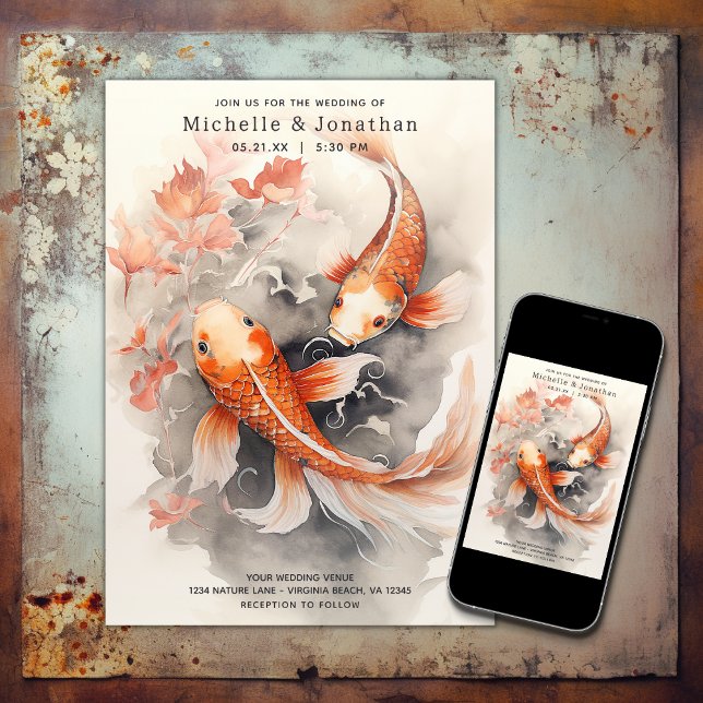 Convites Belo Casamento Japonês de Peixe-Koi Laranja Beige (Printed and Digital - Beautiful Japanese Koi Fish Orange Beige Wedding Invitation)