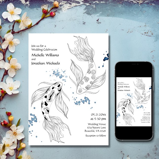 Convites Belo Casamento Moderno de Peixes Koi Japoneses (Printed and Digital - Beautiful Japanese Koi Fish Modern Wedding Invitation)