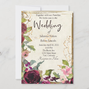 Convites Belo casamento rosa borgonha e dourado
