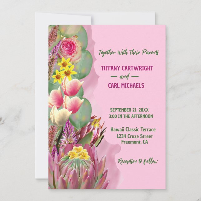 Convites Belo Casamento Rosa Botânico Floral Jardim Floral (Frente)