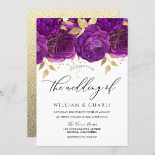 Convites Belo Casamento Roxo e Dourado Floral Sparkle