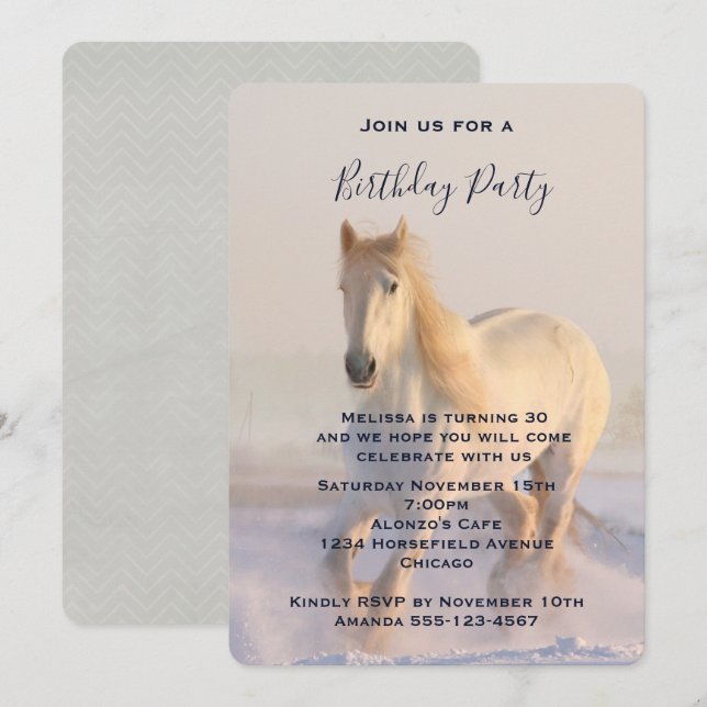 Convites Belo Cavalo Branco Correndo no Aniversário da Neve (Frente/Verso)