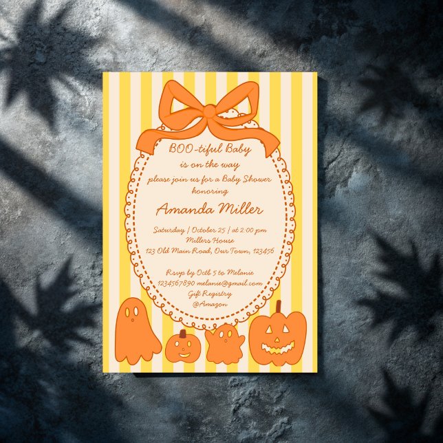 Convites Belo chá de fraldas de Halloween fantasma (Boo-tiful cute ghost retro yellow orange stripes Halloween baby shower Invitation cards template)