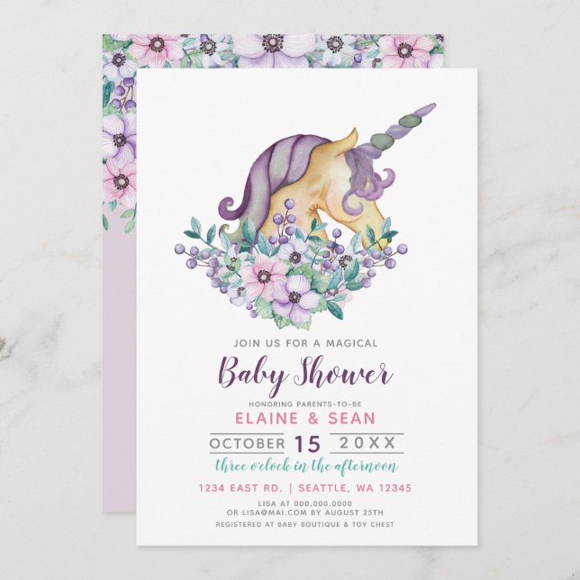 Convites Belo Chá de fraldas de Roxos Florais do Unicorn (Frente/Verso)