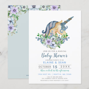Convites Belo Chá de fraldas do Unicorn Blue Floral Boys