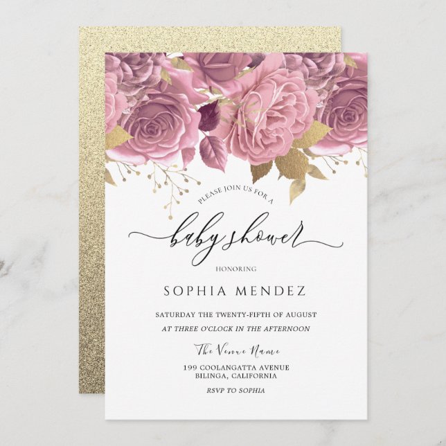 Convites Belo Chá de fraldas Dourado, Rosa, Rosa (Frente/Verso)