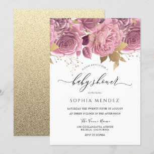 Convites Belo Chá de fraldas Dourado, Rosa, Rosa