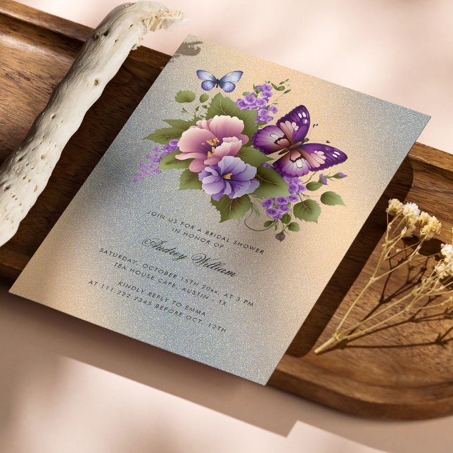 Convites Belo Chá de panela de borboleta realçada Dourada (Personalized Beautiful Gold Accented Butterfly Bridal Shower Invitation)