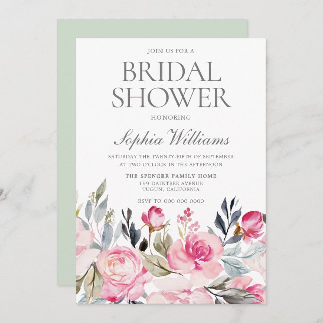 Convites Belo Chá de panela de Flores de Blush Elegante (Frente/Verso)