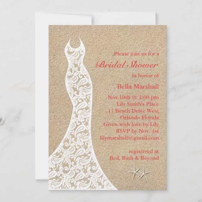 Convites Belo Chá de panela de Praia em Coral (Frente)