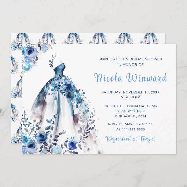 Convites Belo Chá de panela Floral Azul (Frente/Verso)