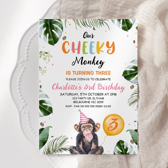 Convites Belo Chapéu Rosa, Nosso Macaco Cheio Aniversário (Girls Cheeky Monkey Birthday Invitation Template, Printable Monkey Themed Birthday Invitation Girl)