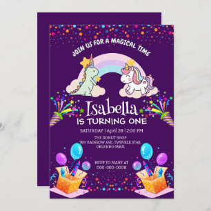 Convites Belo Dinossauro Unicórnio Arco-Íris Aniversário do