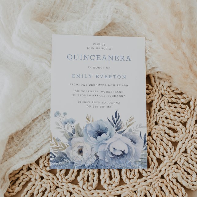 Convites Belo Dusty Blue Floral Quinceanera (Criador carregado)