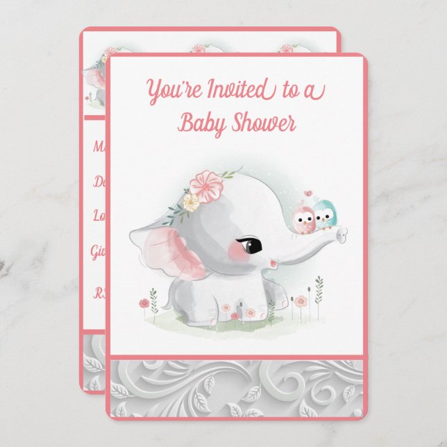 Convites Belo Elefante de Bebê Branca (Frente/Verso)