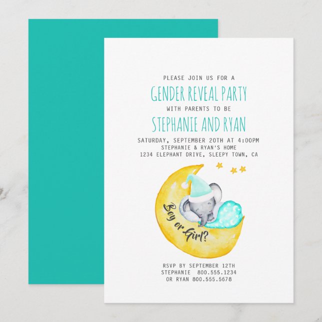Convites Belo Elefante do Bebê sobre a Revelação do Gênero  (Frente/Verso)