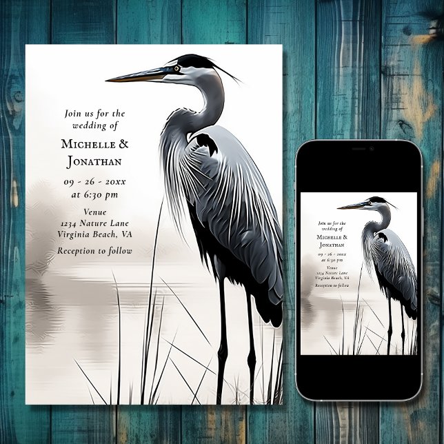 Convites Belo Excelente Casamento de Aves Costeiras do Herã (Beautiful Great Blue Heron Water Bird Wedding Invitation)