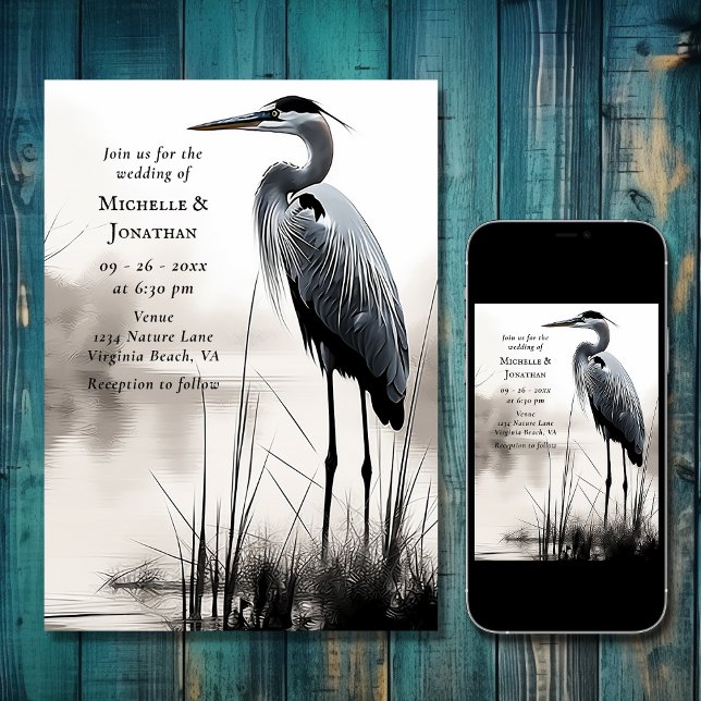 Convites Belo Excelente Casamento de Aves Costeiras do Herã (Beautiful Great Blue Heron Water Bird Wedding Invitation)