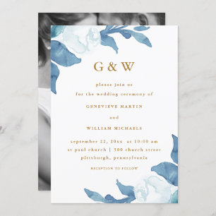 Convites Belo Floral Azul com Casamento Fotográfico de Mono