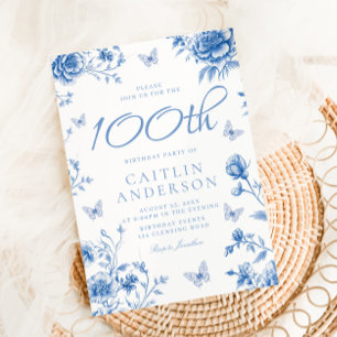 Convites Belo Floral Azul Encantado 100º Aniversário