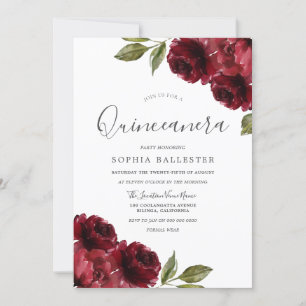 Convites Belo legado Flores Vermelhas Burgundy Quinceanera