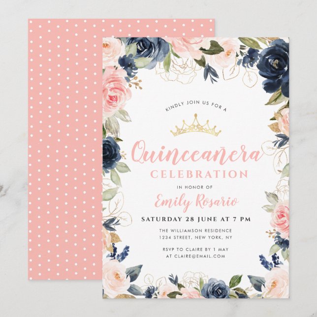 Convites Belo marinho, azul e cor-de-rosa, quinceñera (Frente/Verso)