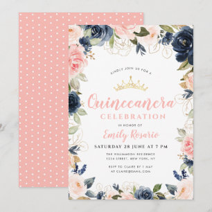 Convites Belo marinho, azul e cor-de-rosa, quinceñera