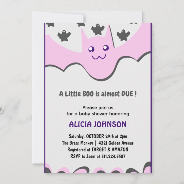Convites Belo morcego Roxo Pequeno boo Festa de bebê Hallow (Frente)