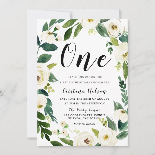 Convites Belo primeiro aniversario das Flores Brancas Foto  (Frente)