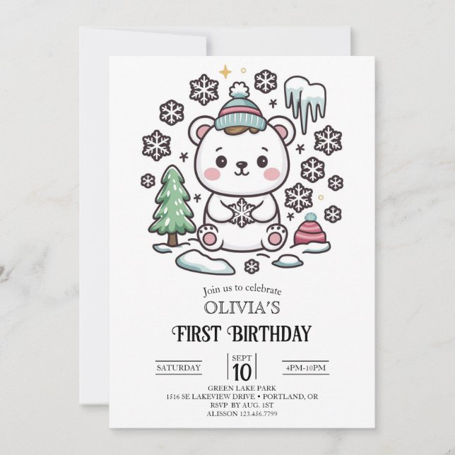 Convites Belo primeiro aniversario de Urso Polar Boho Digit (Frente)