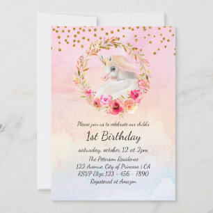 Convites Belo primeiro aniversario Floral Unicorn Watercolo