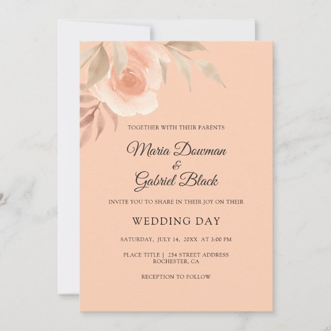 Convites Belo rosa de pêssego. Casamento de Garden Floral (Frente)