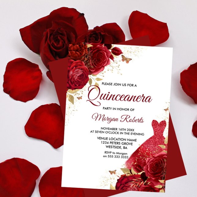 Convites Belo Rosa vermelha Esmagadora Quinceanera (Criador carregado)
