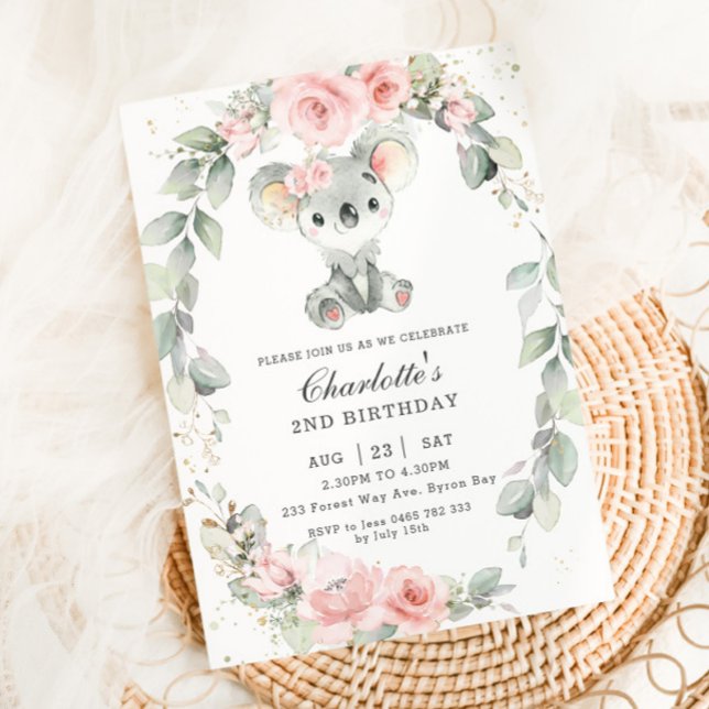 Convites Belo Sábio Floral Rosa, Rosa, Verde, Aniversário (cute koala blush pink floral sage greenery wreath 1st first birthday invitation card download )