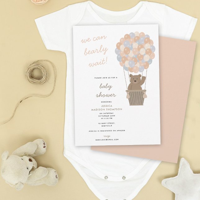 Convites Belo Urso Ar Quente Balões de Ar Quente Chá de fra (Cute Bear Hot Air Balloons Baby Girl Baby Shower Invitation)
